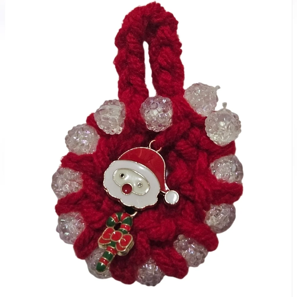Hand Crafted Hand Crochet Christmas ornaments red beaded 8 mini holiday wreaths